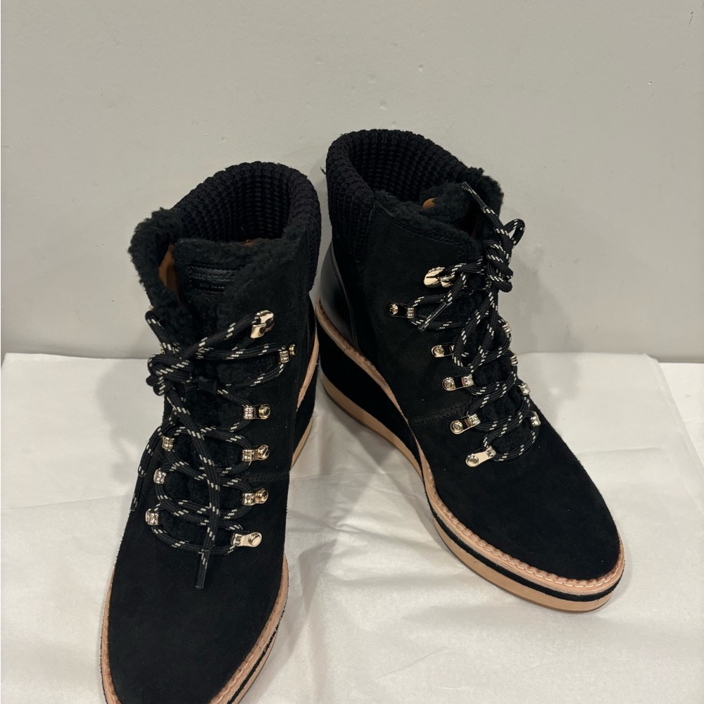 Kate Spade Willow Wedge Black Suede  and Tan Lace Up Boots - Picture 4 of 10